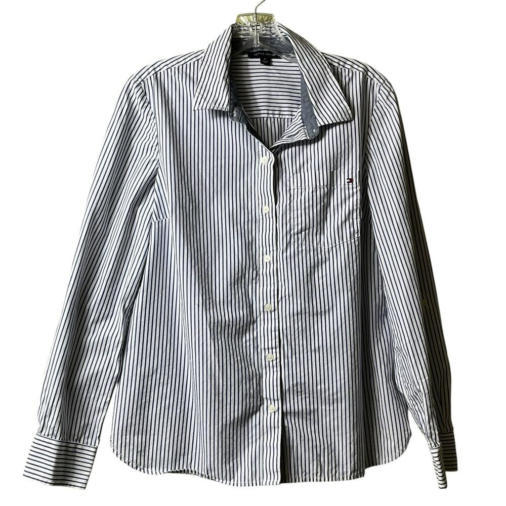 Tommy Hilfiger Medium Blue and White Stripe Long Sleeve Button Front Top (2947)